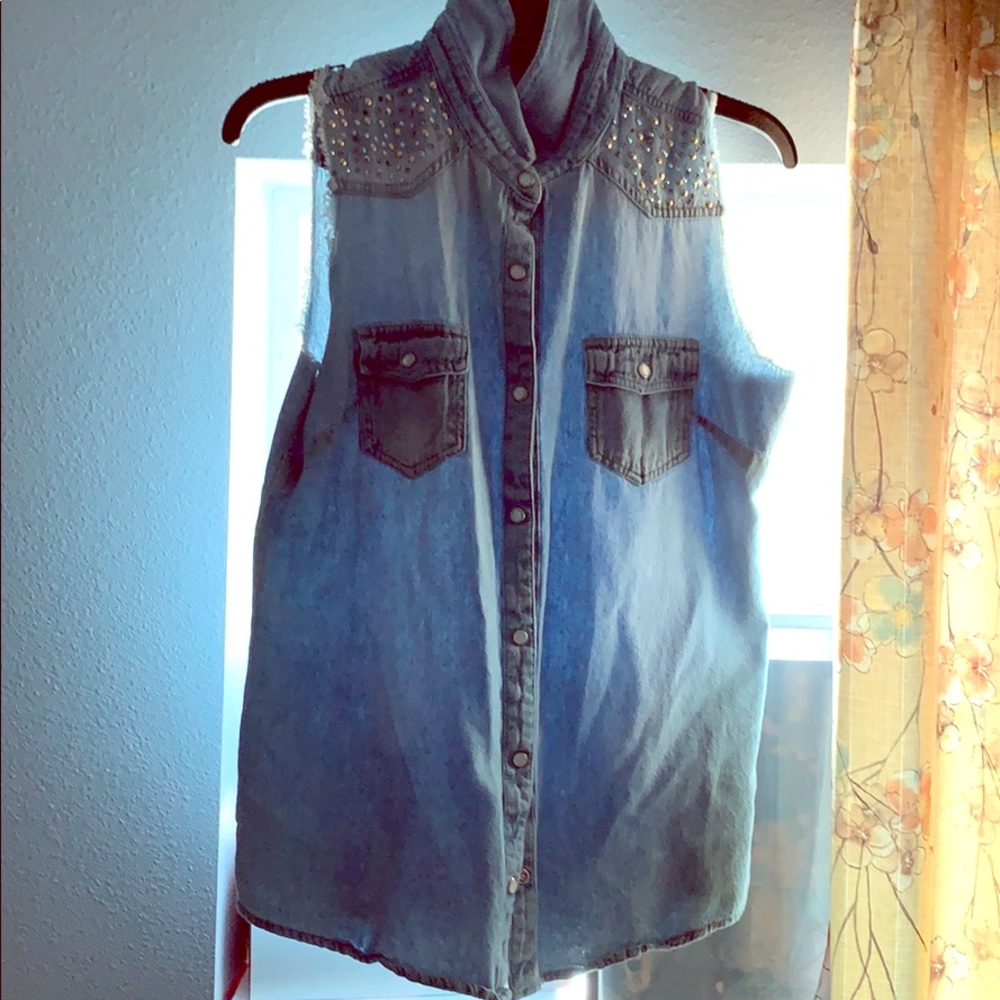 Light washed bedazzled denim jean button up vest